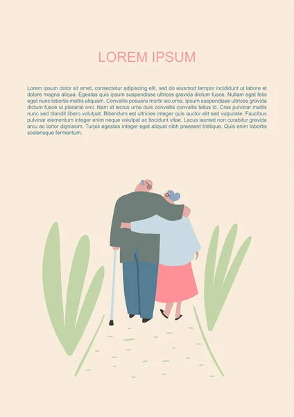Ältere Menschen gehen durch den Park und umarmen sich. Mann und Frau auf dem Weg des Lebens. Fürsorglich füreinander. Vektor handgezeichnete Illustration — Stockvektor