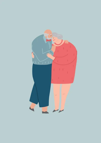Couple aîné. Les personnes âgées s'embrassent ensemble. Des vieux amoureux. Homme et femme sur le chemin de la vie. Prendre soin de l'autre — Image vectorielle