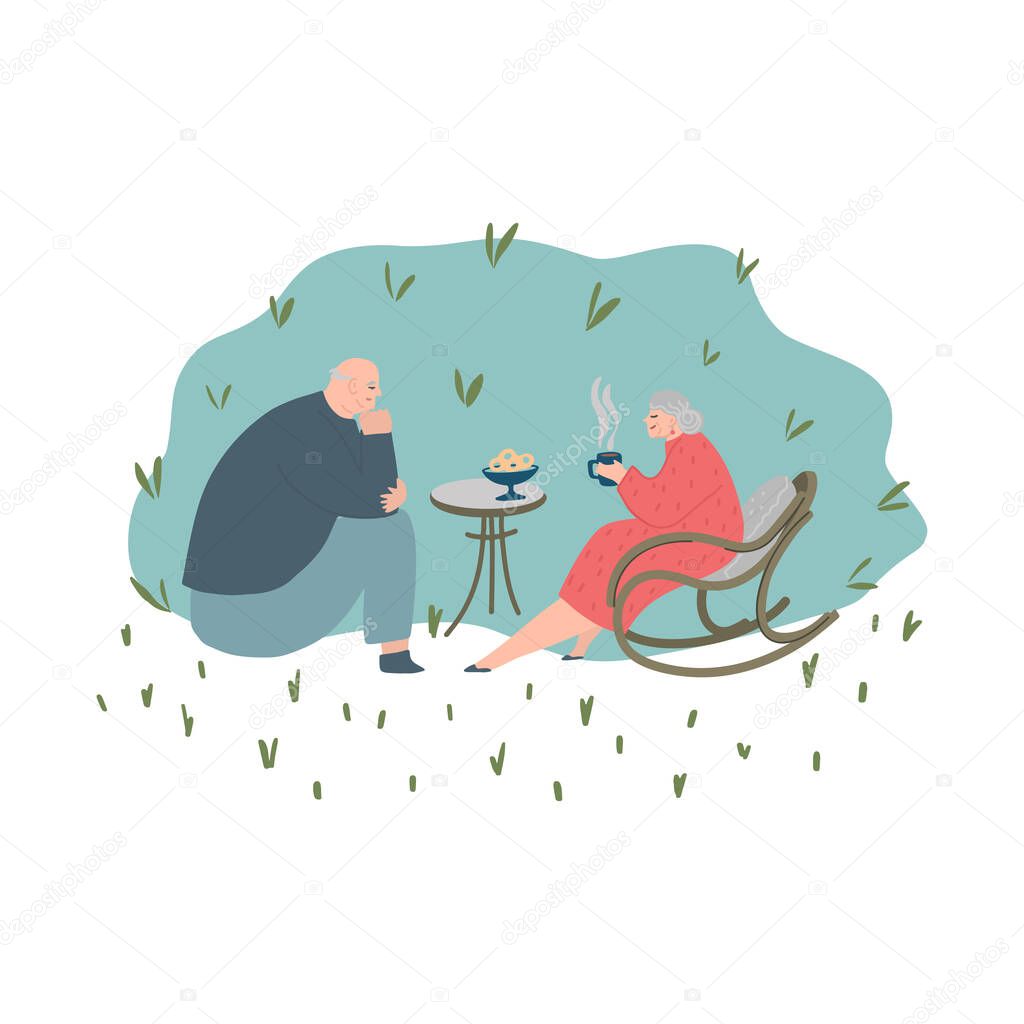 Senior couple in garden. Elderly people together. Old people in love. Man and woman on the path of life. Caring for each other