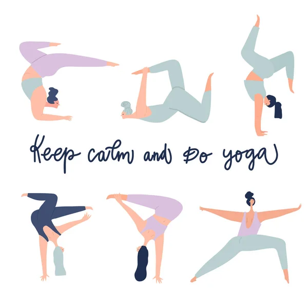 Femmes pratiquant le yoga et citation à main levée : garder le calme et faire du yoga . — Image vectorielle