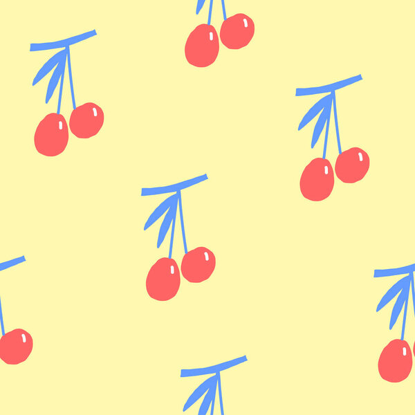 Элемент бесшовного рисунка. Стилизованная вишневая ветвь на желтом фоне
