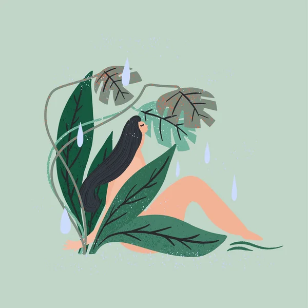Женщина сидит в окружении зеленых растений. Обнажённое тело, забота от природы. Вектор — стоковый вектор