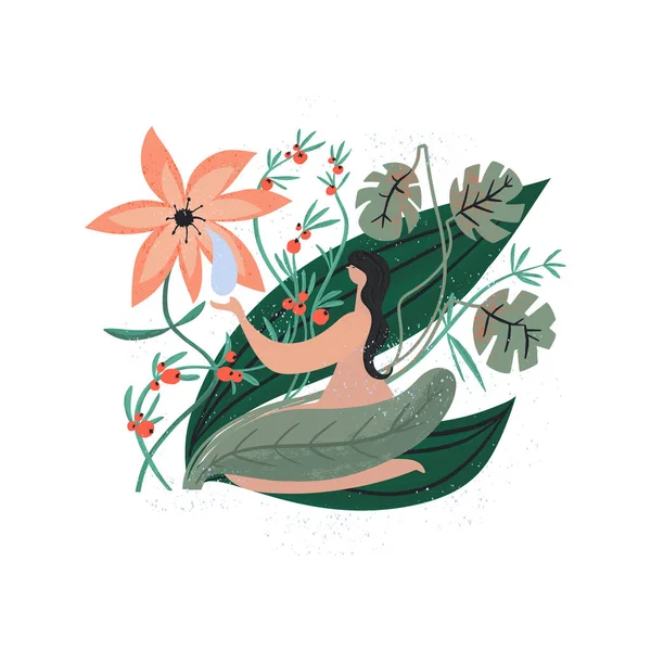 Mujer sentada rodeada de plantas verdes flores y bayas. Cuerpo desnudo, cuidado por la naturaleza — Vector de stock