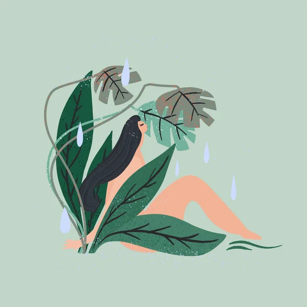 Woman sitting surrounded green plants. Naked body, care by nature. Vector — Stock Vector