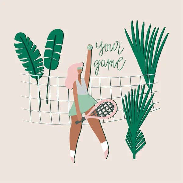 Jugadora de tenis. Mujer con raqueta, red, hojas de palma y frase dibujada a mano alzada: tu juego. Ilustración vectorial estilizada — Archivo Imágenes Vectoriales