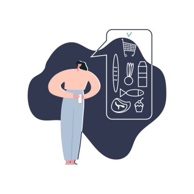 Bir kadın internetten yemek siparişi veriyor. İnternetten alışveriş konsepti. Vektör illüstrasyonu