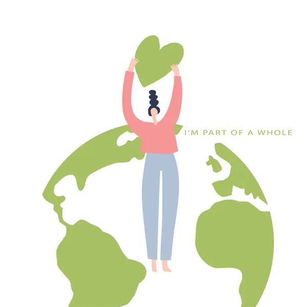 Illustration eines umweltfreundlichen Lebensstils. Die Frau trägt ein grünes Herz. Karte zum Weltumwelttag, Naturschutz, naturnahes Konzept — Stockvektor