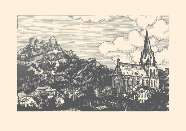 Гравірована Векторна ілюстрація старого села . — стоковий вектор