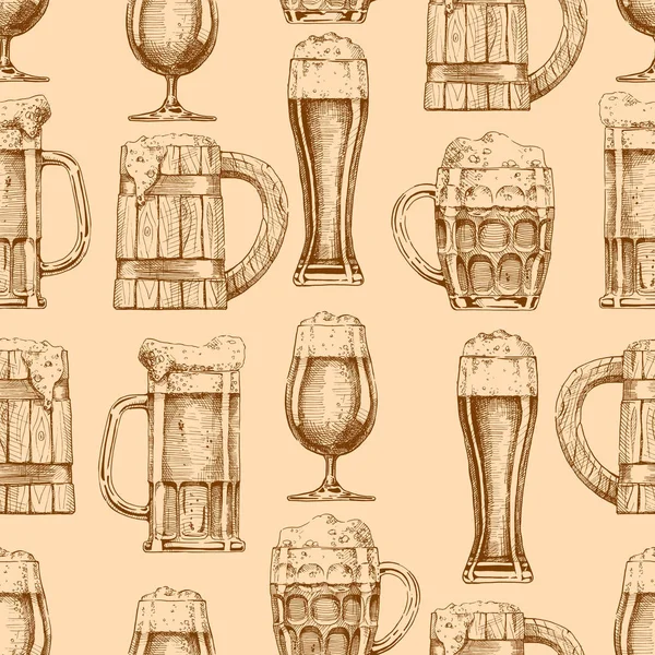 Varrat nélküli mintát különböző sör szemüveg és bögrék — Stock Vector