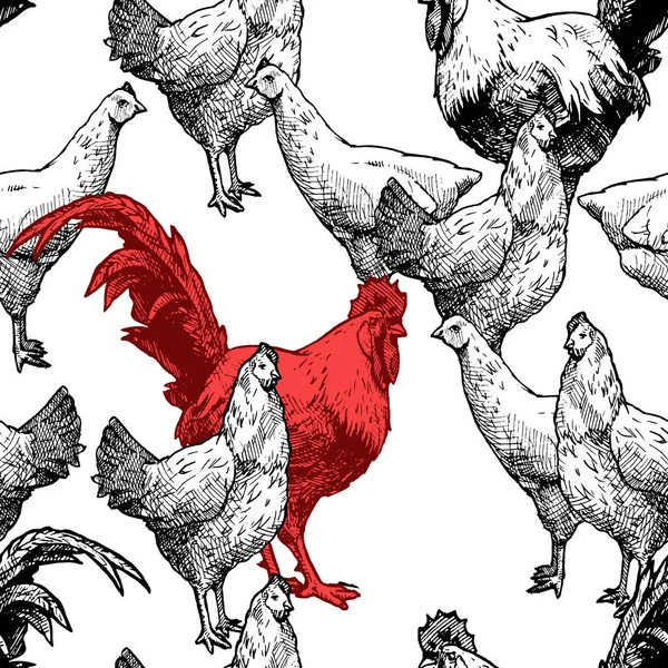 Padrão com galinhas e pau vermelho — Vetor de Stock