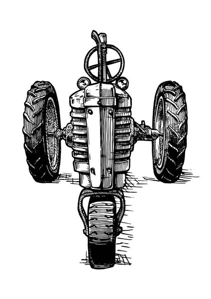 Векторный рисунок трактора, стилизованный под гравировку
