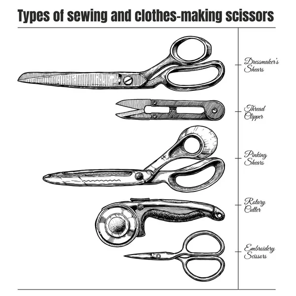 类型的缝纫和衣服制作的剪刀 — 图库矢量图片
