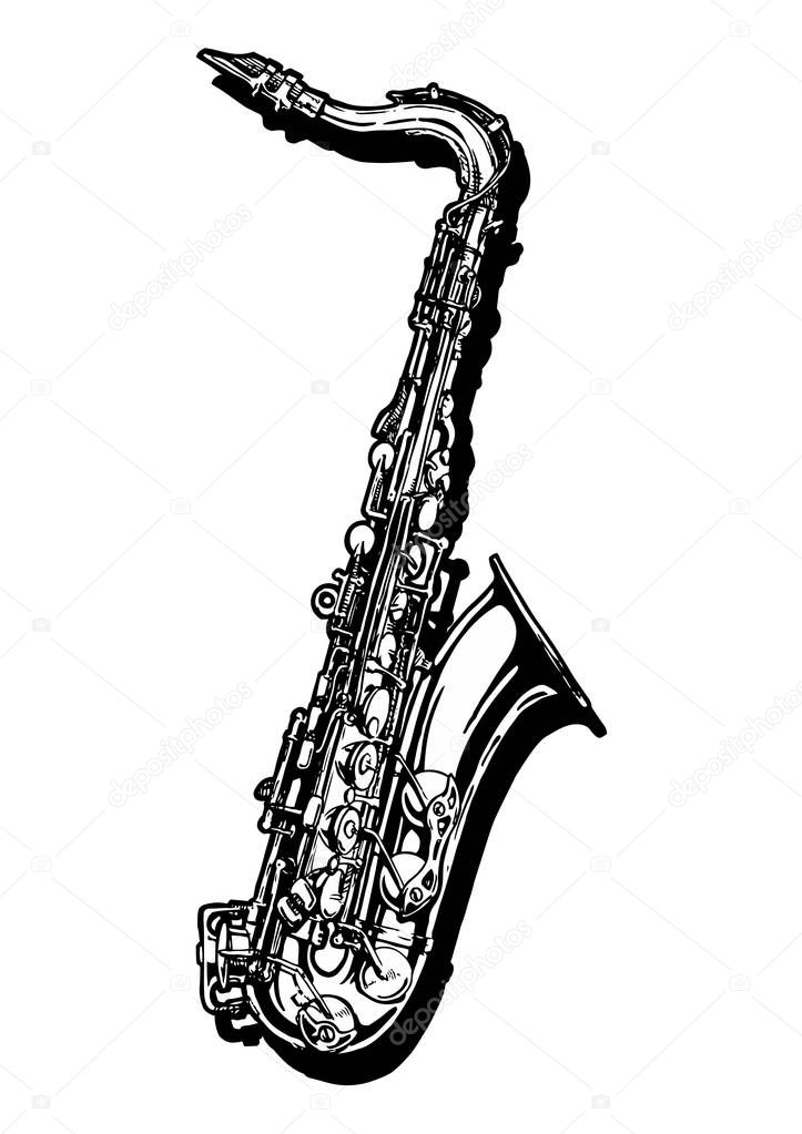 Vector hand drawn illustration of saxophone. Black and white, isolated on white.