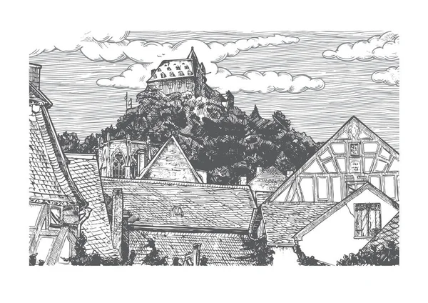 Illustration vectorielle gravée du vieux village — Image vectorielle