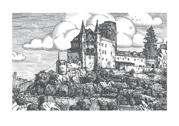 Ilustração vetorial gravada do castelo medieval — Vetor de Stock