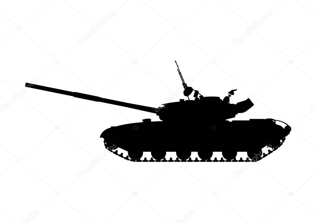 Vector black and white illustration of modern heavy tank.