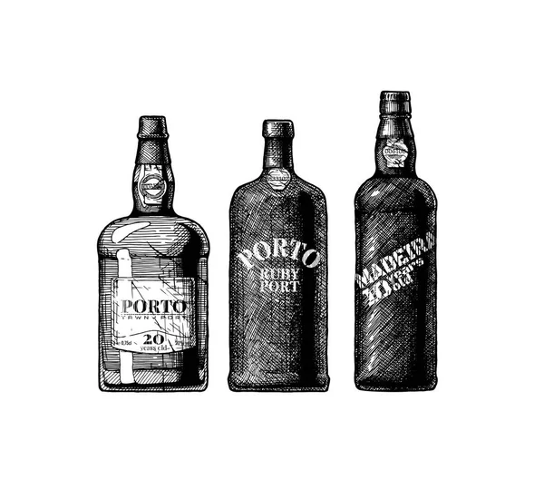 Port és a madeirai bor palackok — Stock Vector