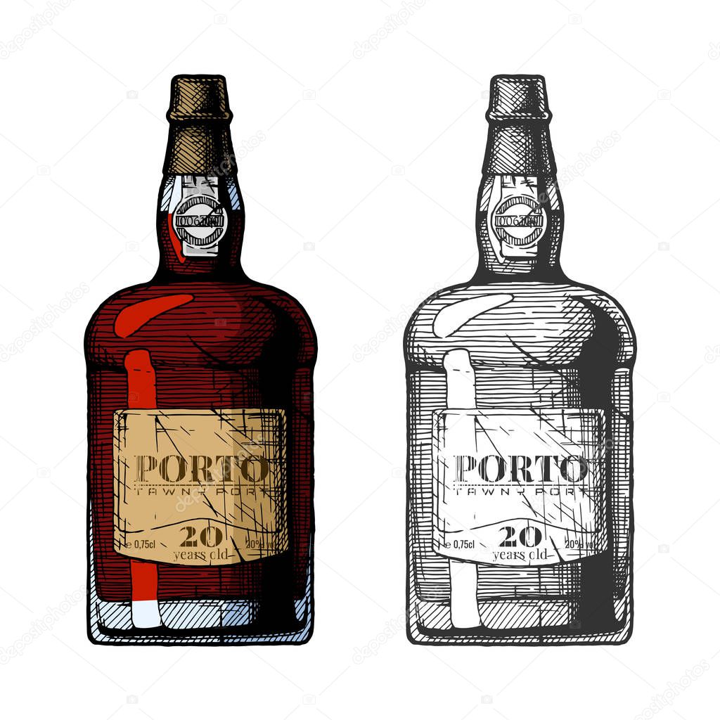 Vector hand drawn illustration of tawny port wine bottles in vintage engraved style. 20 years old. Color and black-and-white versions.
