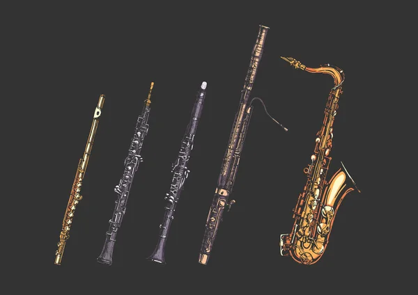 Conjunto de instrumentos musicais Woodwind — Vetor de Stock