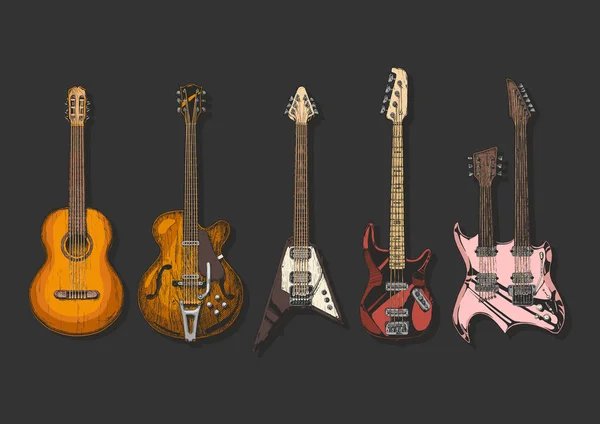 Conjunto de guitarras acústicas y eléctricas — Vector de stock