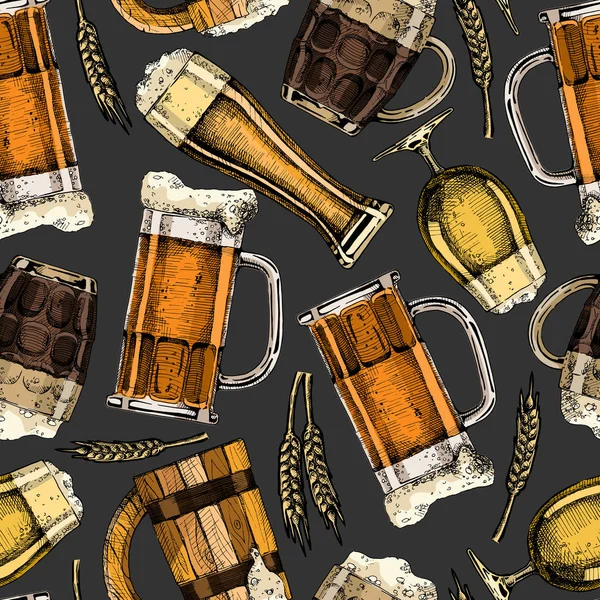 Modèle sans couture avec différents verres à bière et tasses . — Image vectorielle