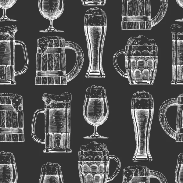 Modèle sans couture avec différents verres à bière et tasses . — Image vectorielle