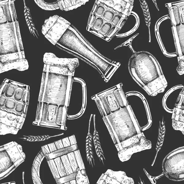 Modèle sans couture avec différents verres à bière et tasses . — Image vectorielle