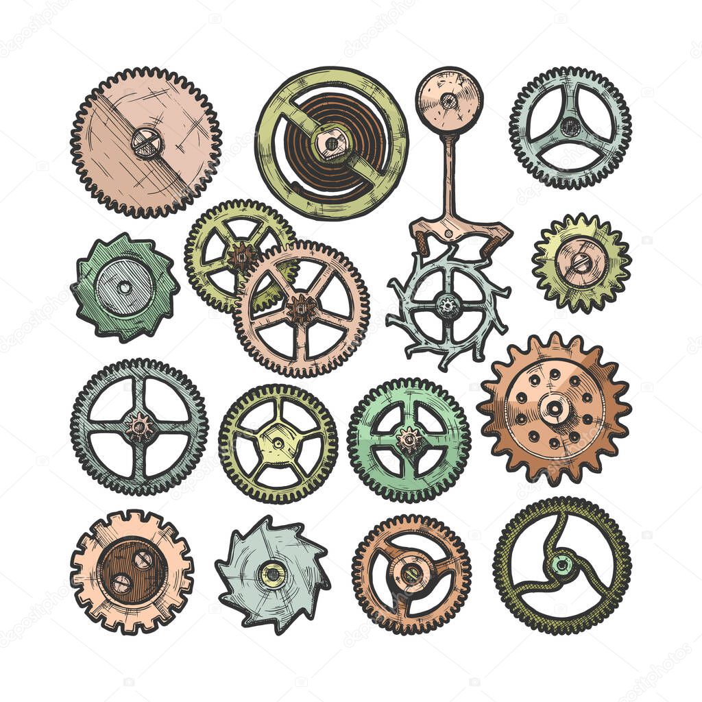 Vector ink hand drawn set of gear wheels. isolated on white.