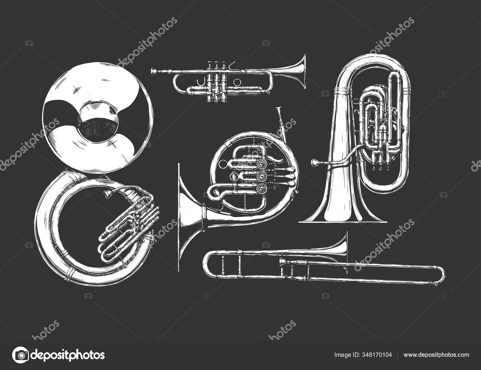 Vector Handgezeichnetes Set Von Messinginstrumenten Sousaphon Trompete  Waldhorn Tuba Und Stock-Vektorbild von ©suricoma 348170104, image size:1600x1231