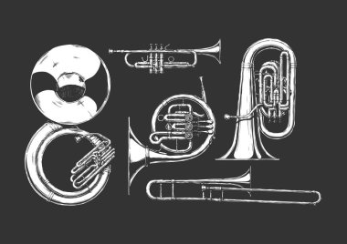 Brass müzik enstrümanlarından oluşan bir set. Susafon, trompet, Fransız kornosu, tuba ve trombon. Siyah arkaplanda izole.  