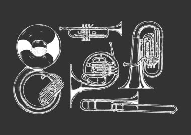 Vector hand drawn set of brass musical instruments. Sousaphone, trumpet, french horn, tuba and trombone. isolated on black background.   clipart