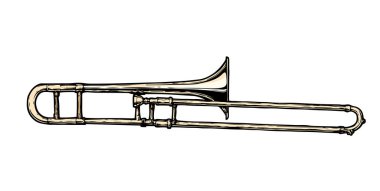 Trombonun vektör eliyle çizilmiş hali. Beyazda izole edilmiş.