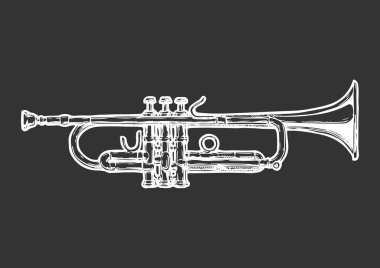 Trompetin vektör el çizimi. Siyah üzerine izole edilmiş..