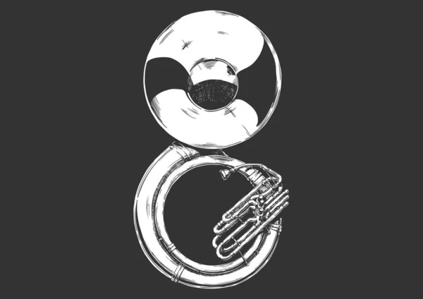 Ilustración Dibujada Mano Vectorial Sousaphone Aislado Negro — Vector de stock