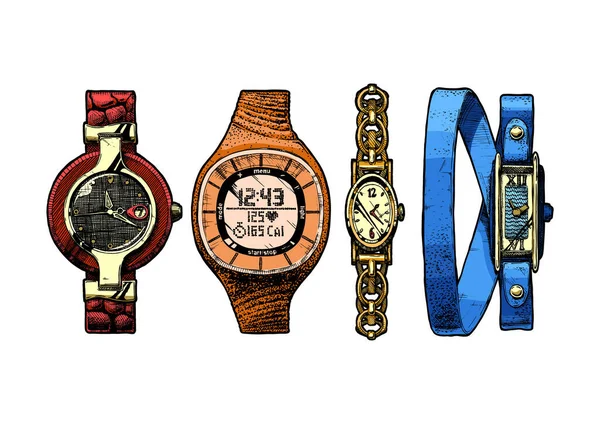 Vector Mão Afogar Ilustração Conjunto Mulheres Relógios Pulso Relógio Senhoras — Vetor de Stock