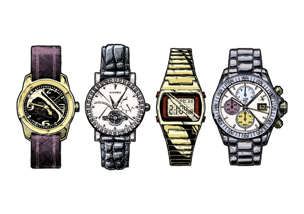 ロゴベクトルの手はおぼれる男性腕時計のイラスト セットです 機械式とデジタルの腕時計 ダイヤモンドとトゥールビヨン クロノグラフ時計 — ストックベクタ