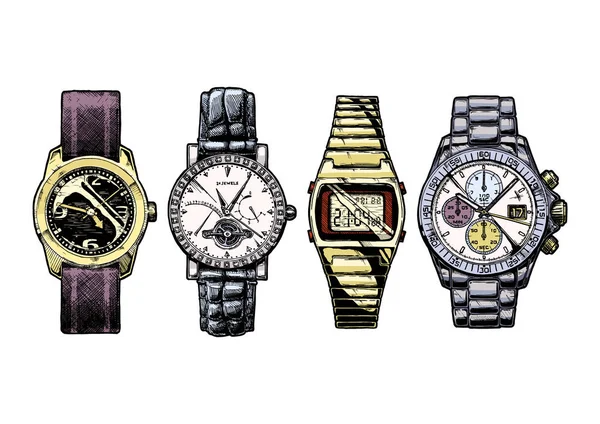 Vector Mano Ahogar Ilustración Conjunto Relojes Pulsera Los Hombres Relojes — Archivo Imágenes Vectoriales