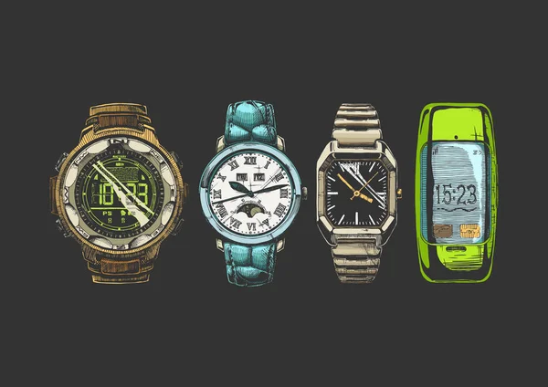 Vector Main Noyer Illustration Ensemble Montres Bracelets Hommes Montre Numérique — Image vectorielle