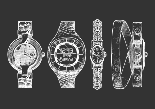 Vector Mano Ahogar Ilustración Conjunto Relojes Pulsera Las Mujeres Reloj — Archivo Imágenes Vectoriales