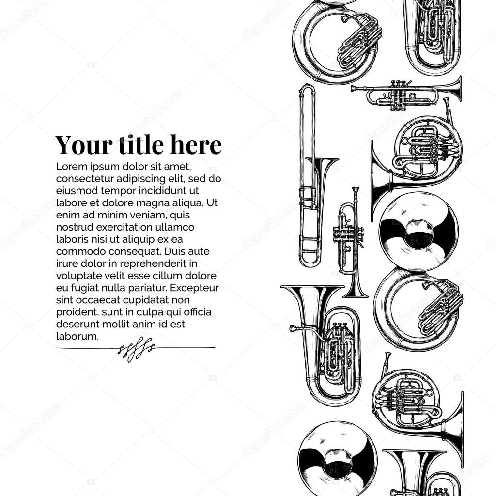 Vector vintage engraving template with brass musical instrument. Seamless pattern stripe. Place for your text.