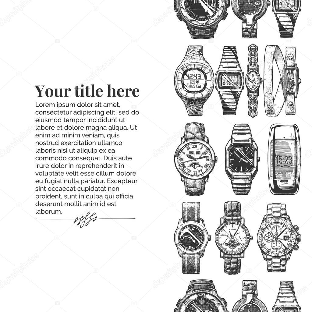 Vector vintage engraving template with watches seamless pattern stripe. Place for your text. illustration in old fashioned etched style on white background.