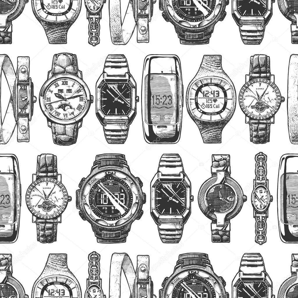 Seamless vector pattern with different watches in old fashioned etched style on white background.