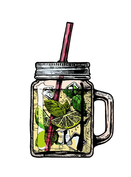 Illustration Vectorielle Dessinée Main Cocktail Limonade Dans Bocal Isolé Sur — Image vectorielle