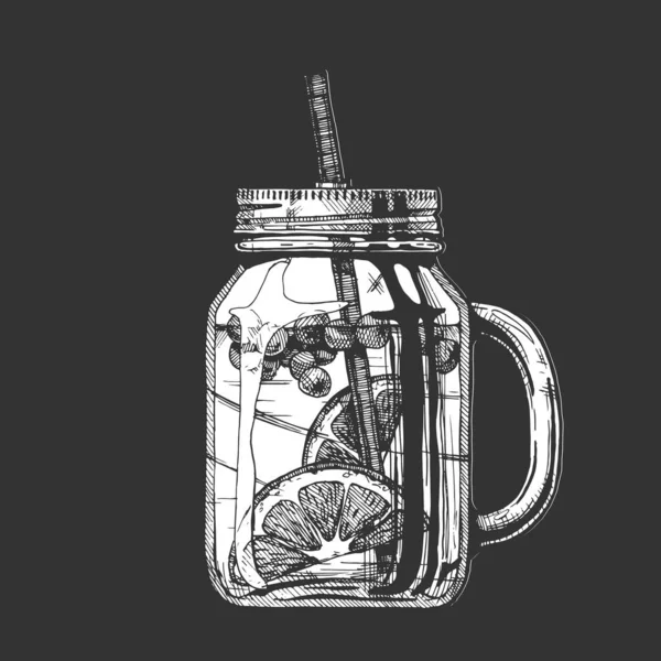 ドリンク瓶にレモネードカクテルのベクトル手描きイラスト 黒の背景に隔離された — ストックベクタ
