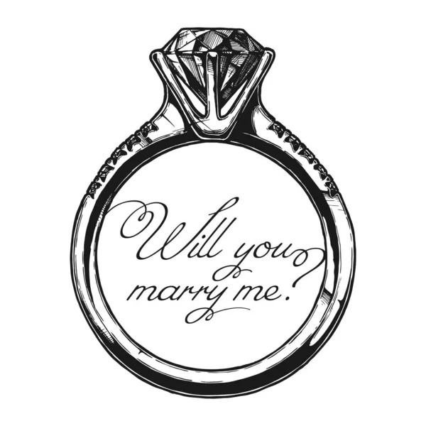 Evlilik Yüzüğünün Çizdiği Vektör Yazısı Benimle Evlenir Misin Beyaz Arkaplanda — Stok Vektör