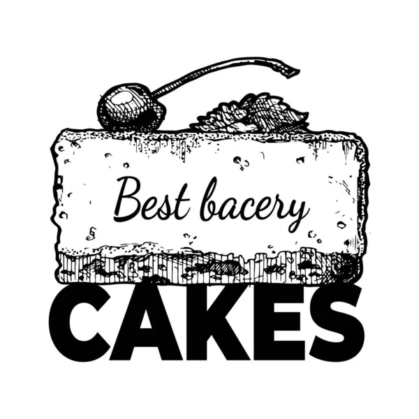 Beste Bakkerij Handgeschreven Tekst Zoete Kers Stuk Taart Staan Lettertype — Stockvector