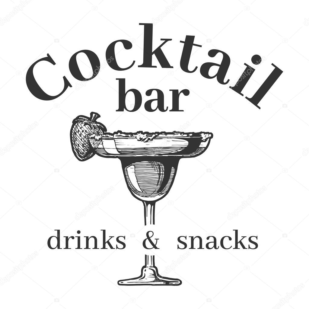 Cocktail bar with drink and snacks. Glassware filled with alcoholic drink decorated strawberry and sugar. Vintage label design with font lettering