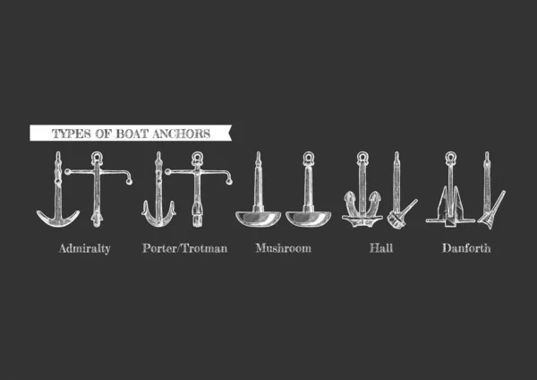 Vector Dibujado Mano Conjunto Ilustración Diferentes Tipos Realistas Anclas Patrón — Vector de stock