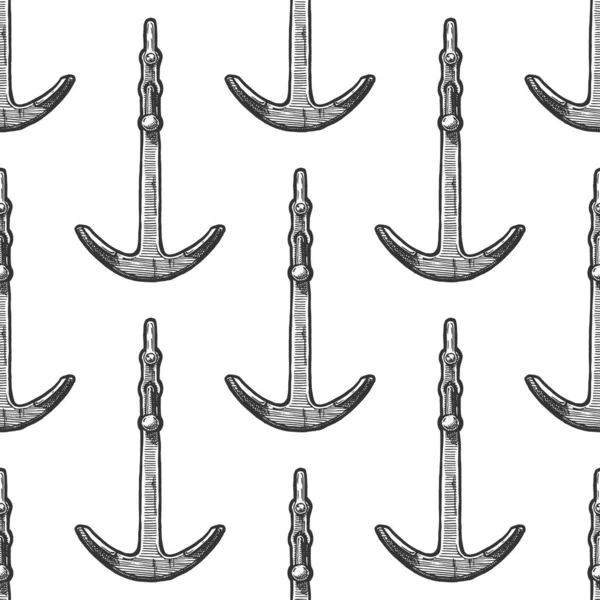 ヴィンテージ彫刻スタイルでボートアンカーとシームレスなパターン 白地に — ストックベクタ