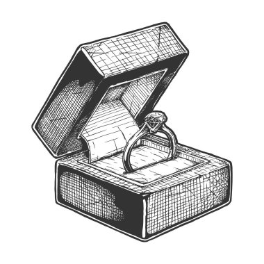 Hediyelik kutunun içine eski usul oymalı nişan yüzüğü çizilmiş. Beyaz arkaplanda izole.